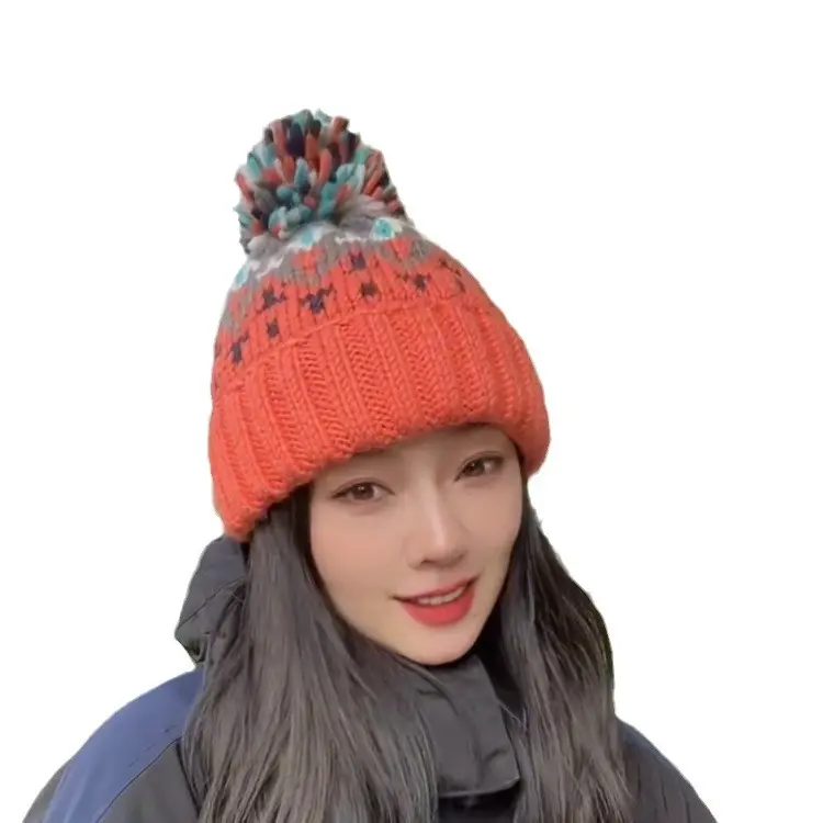 Winter Beanie for Women Men Christmas Colorful Warm Woollen Hat All-match Ski Skullies Bonnets Pom Pom Hats Earflaps Bomber Hats