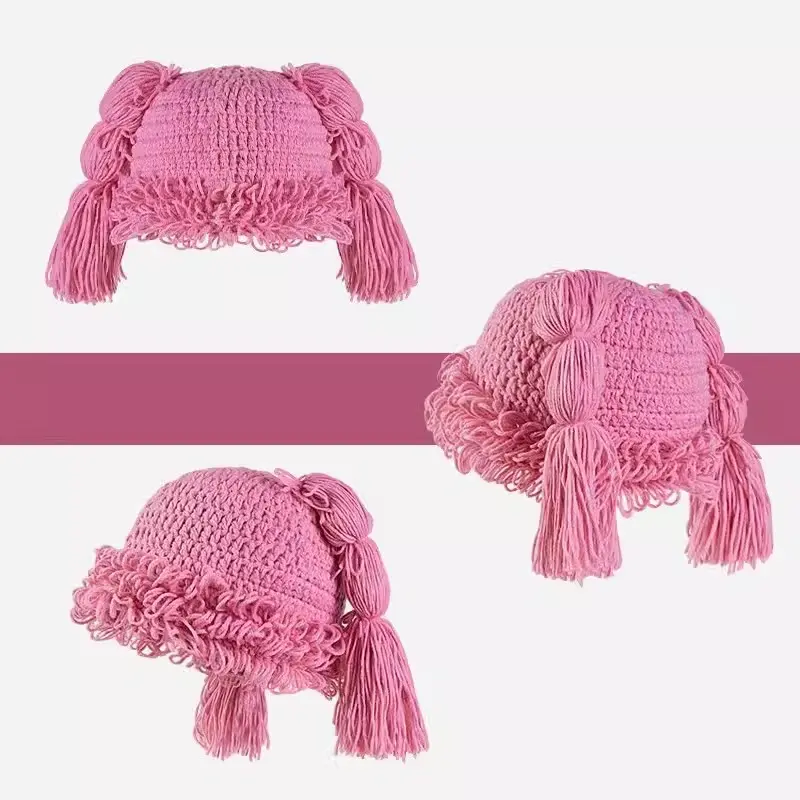 Japanese Anime Pink Fried Dough Twists Braid Wig Wool Hat for Women Warm in Autumn And Winter Sweet Personality Knitting Hat