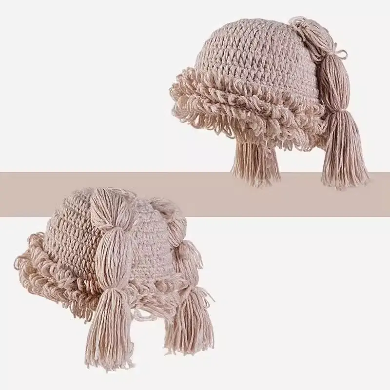 Japanese Anime Pink Fried Dough Twists Braid Wig Wool Hat for Women Warm in Autumn And Winter Sweet Personality Knitting Hat