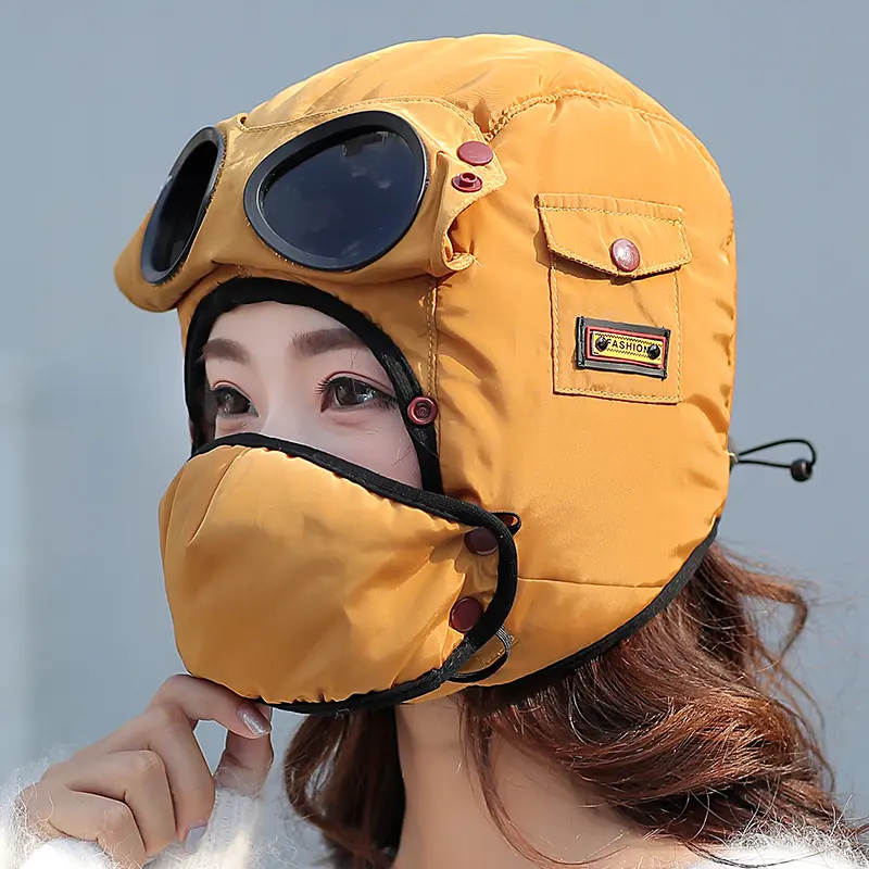 2021 Fashion Winter Bomber Hat with Masks Goggles Waterproof Hood Pilot Hats Glasses Ear Protection Cap Kids Adult Balaclava