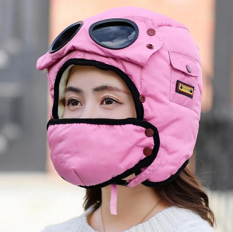 2021 Fashion Winter Bomber Hat with Masks Goggles Waterproof Hood Pilot Hats Glasses Ear Protection Cap Kids Adult Balaclava