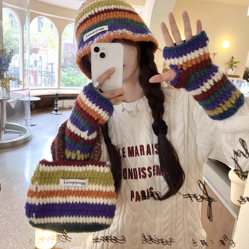 Handmade Crochet Colored Woolen Hat, Warm Knit Fisherman Hat, Striped Glove Bag, Three Piece Set, Parent-Child Hat