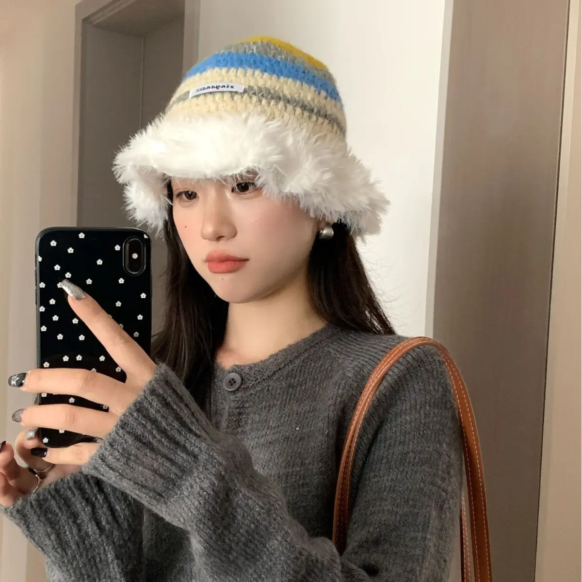 Autumn And Winter new Dopamine Rainbow Striped Contrasting Plush Warm And Face Enhancing Small Woolen Hat Fisherman Hat