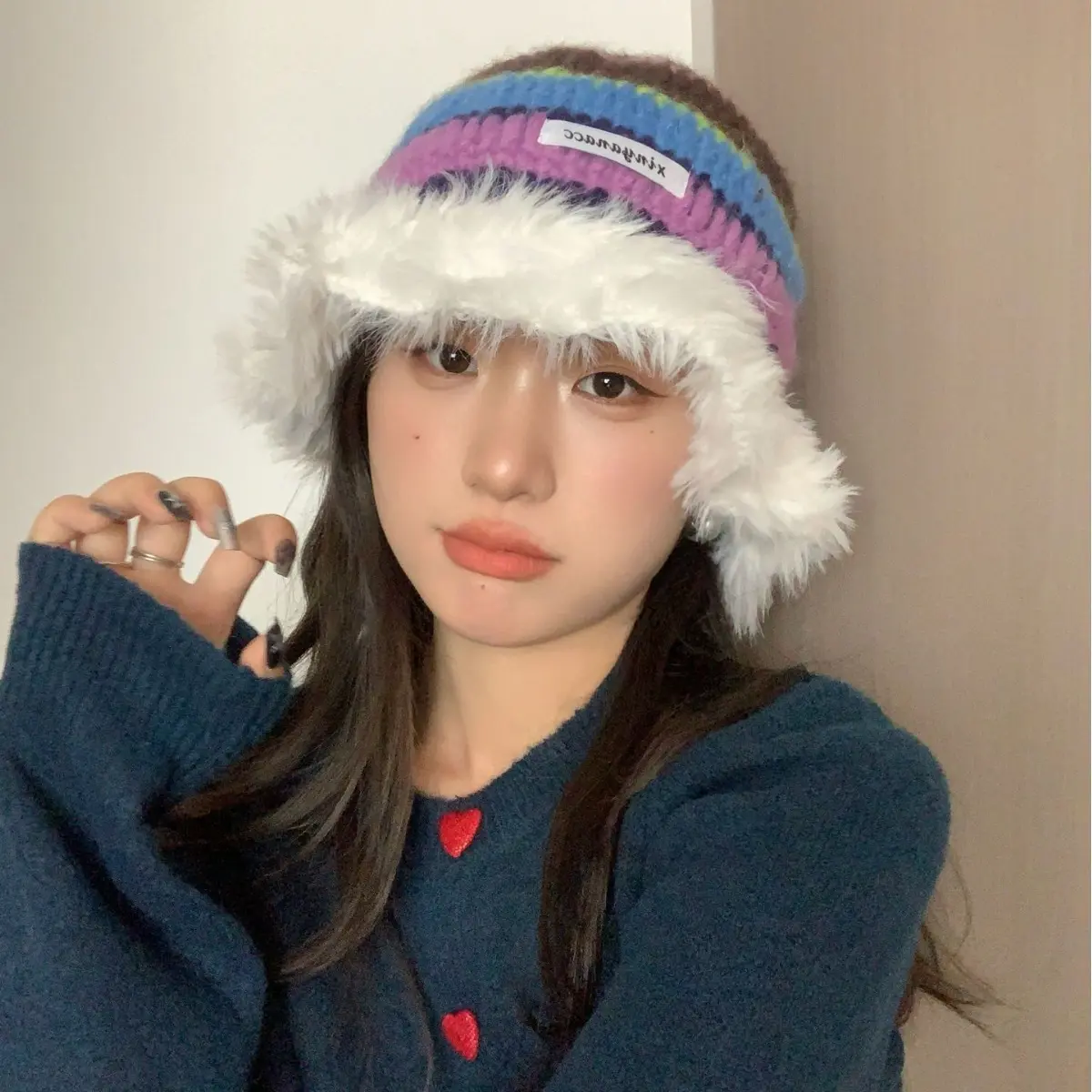 Autumn And Winter new Dopamine Rainbow Striped Contrasting Plush Warm And Face Enhancing Small Woolen Hat Fisherman Hat