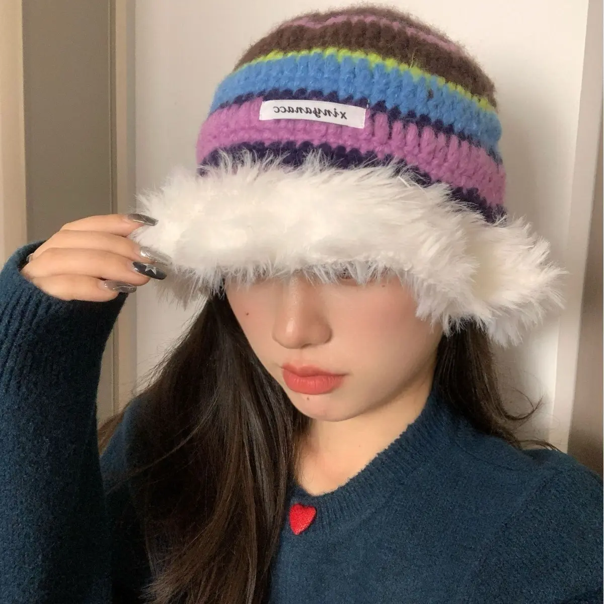 Autumn And Winter new Dopamine Rainbow Striped Contrasting Plush Warm And Face Enhancing Small Woolen Hat Fisherman Hat