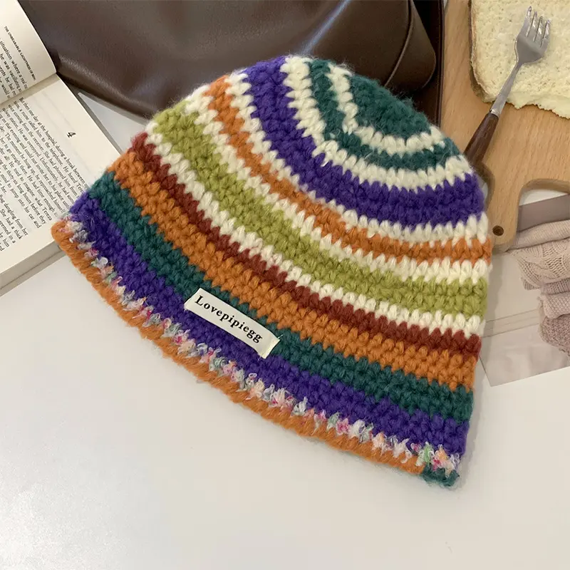 Handmade Crochet Colored Woolen Hat, Warm Knit Fisherman Hat, Striped Glove Bag, Three Piece Set, Parent-Child Hat