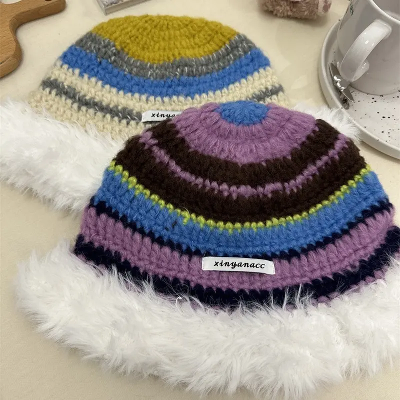 Autumn And Winter new Dopamine Rainbow Striped Contrasting Plush Warm And Face Enhancing Small Woolen Hat Fisherman Hat