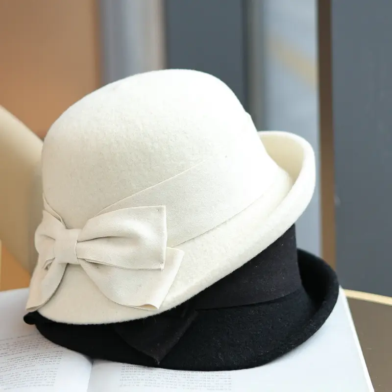 French Upturned Eaves Retro Bow Wool Blend Top Hat, Elegant And Socialite Temperament For Women, Autumn And Winter Fisherman Hat