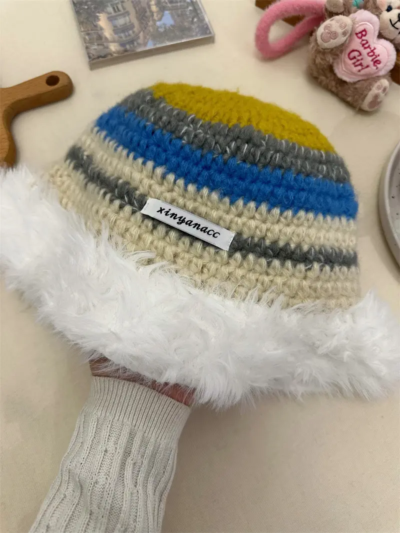 Autumn And Winter new Dopamine Rainbow Striped Contrasting Plush Warm And Face Enhancing Small Woolen Hat Fisherman Hat