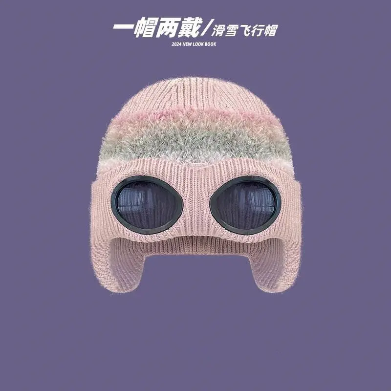 Pilot sunglasses, decorative woolen hat, women's autumn and winter cold proof and warm ski hat, glasses and warm hat