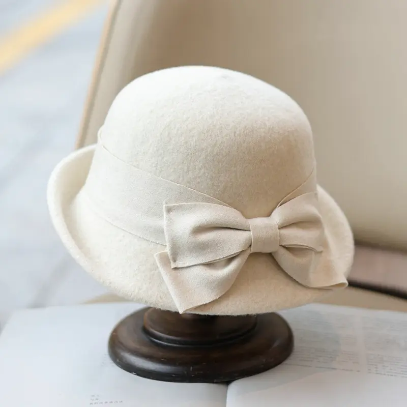 French Upturned Eaves Retro Bow Wool Blend Top Hat, Elegant And Socialite Temperament For Women, Autumn And Winter Fisherman Hat