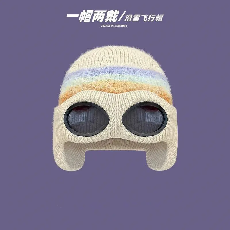 Pilot sunglasses, decorative woolen hat, women's autumn and winter cold proof and warm ski hat, glasses and warm hat