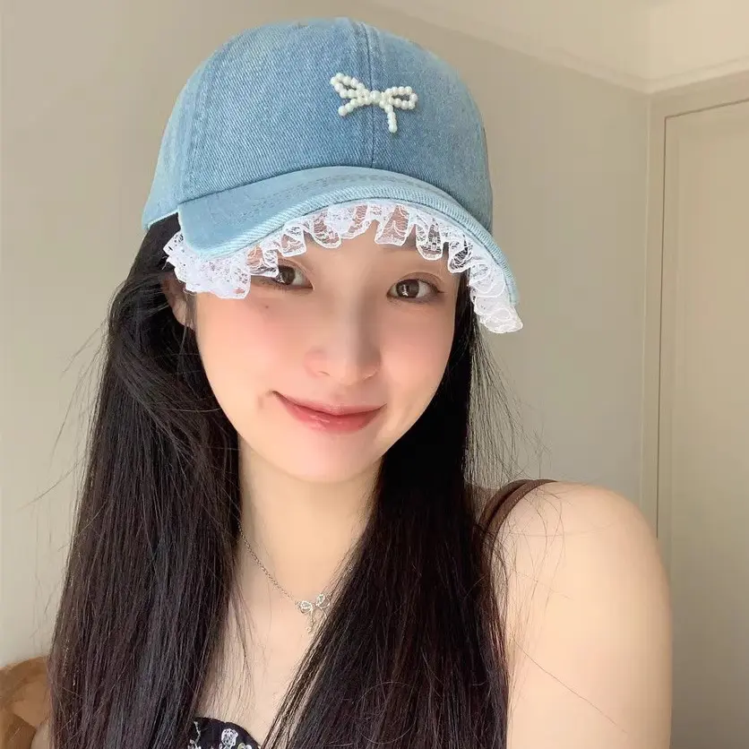 Pearl Bow Duckbill Cap For Women's Summer sun Protection And Sunshade Hat, Lace Lace Washed Denim Baseball Cap