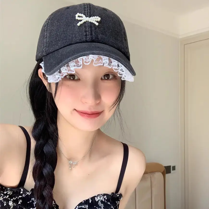 Pearl Bow Duckbill Cap For Women's Summer sun Protection And Sunshade Hat, Lace Lace Washed Denim Baseball Cap