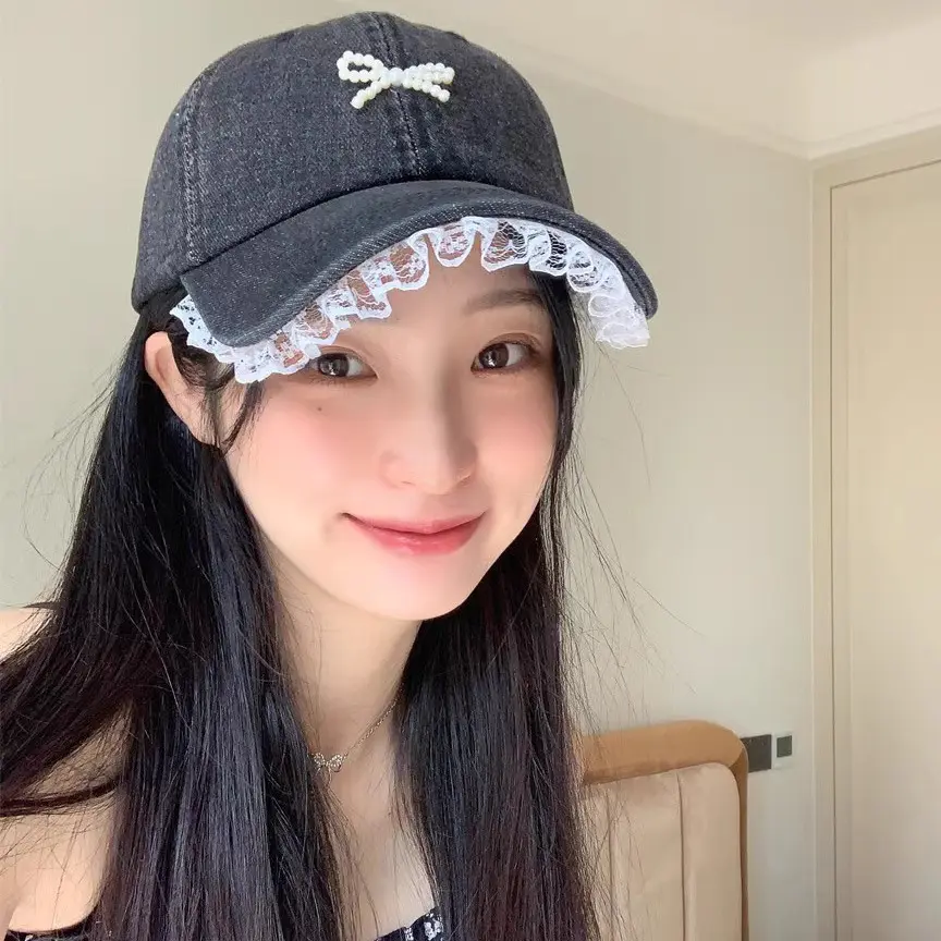 Pearl Bow Duckbill Cap For Women's Summer sun Protection And Sunshade Hat, Lace Lace Washed Denim Baseball Cap
