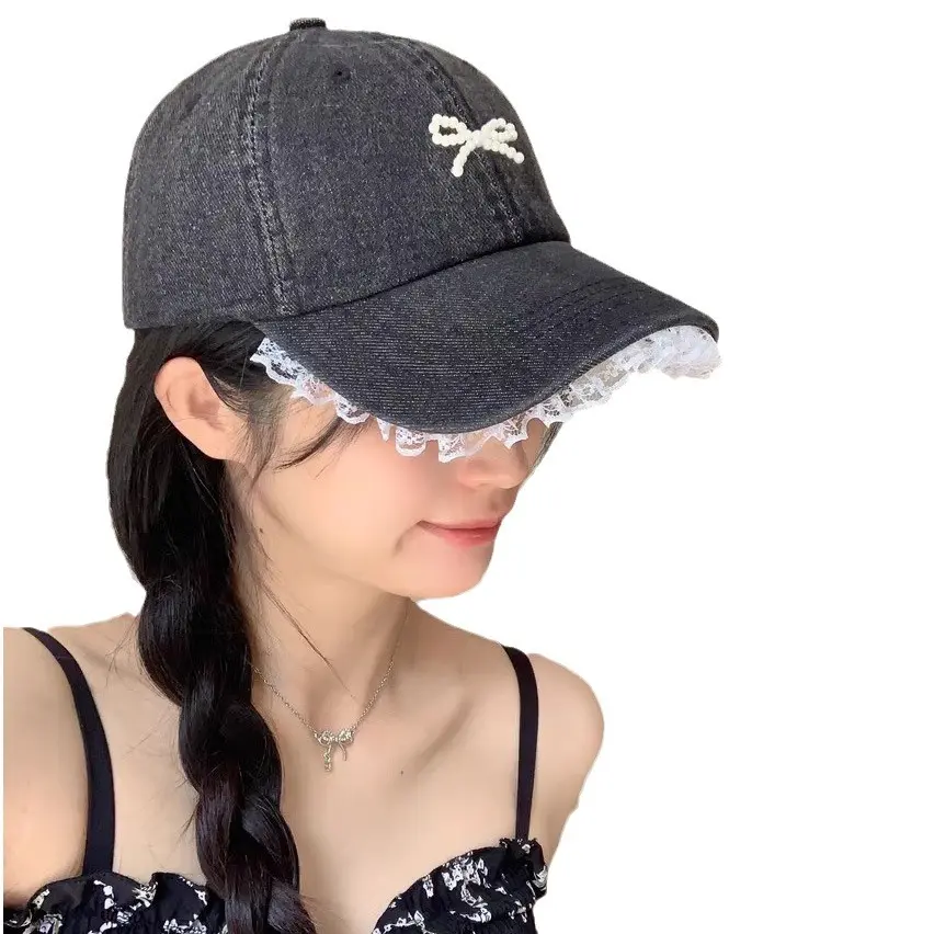 Pearl Bow Duckbill Cap For Women's Summer sun Protection And Sunshade Hat, Lace Lace Washed Denim Baseball Cap