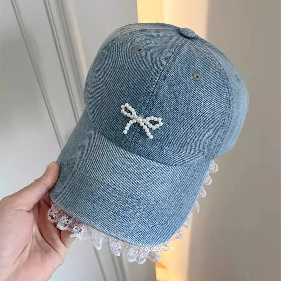 Pearl Bow Duckbill Cap For Women's Summer sun Protection And Sunshade Hat, Lace Lace Washed Denim Baseball Cap