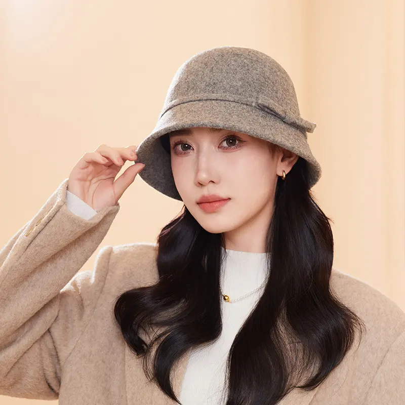 New Premium Hat Korean Version Autumn And Winter Bow Bucket Hat Women's 100% Wool Basin Hat British Warm Fisherman Hat