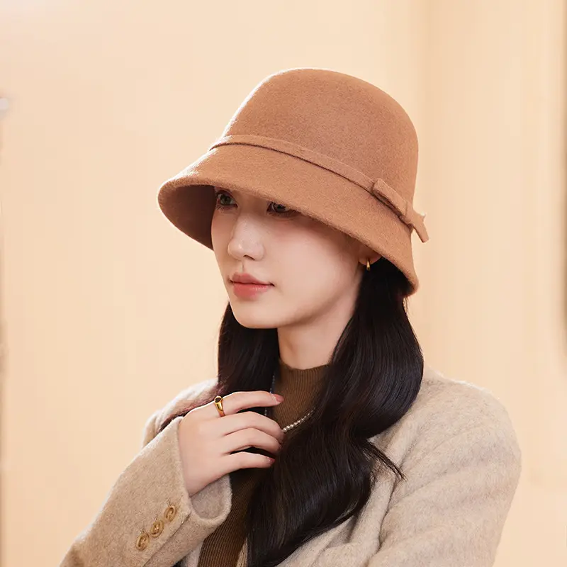 New Premium Hat Korean Version Autumn And Winter Bow Bucket Hat Women's 100% Wool Basin Hat British Warm Fisherman Hat
