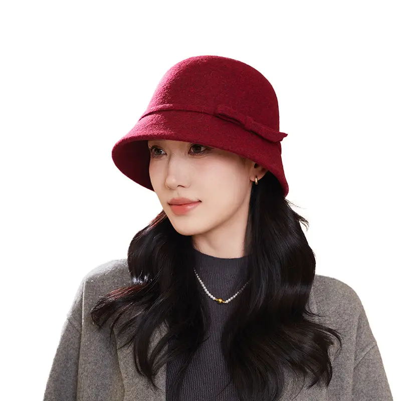 New Premium Hat Korean Version Autumn And Winter Bow Bucket Hat Women's 100% Wool Basin Hat British Warm Fisherman Hat