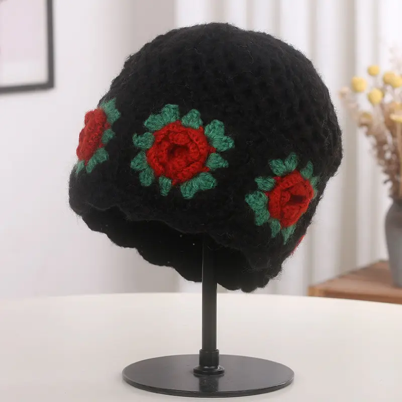 Autumn And Winter New Hand Hook Three-Dimensional Flower Yarn Hat Women's Basin Hat Knitted Hat Temperament Sweet Fisherman Hat