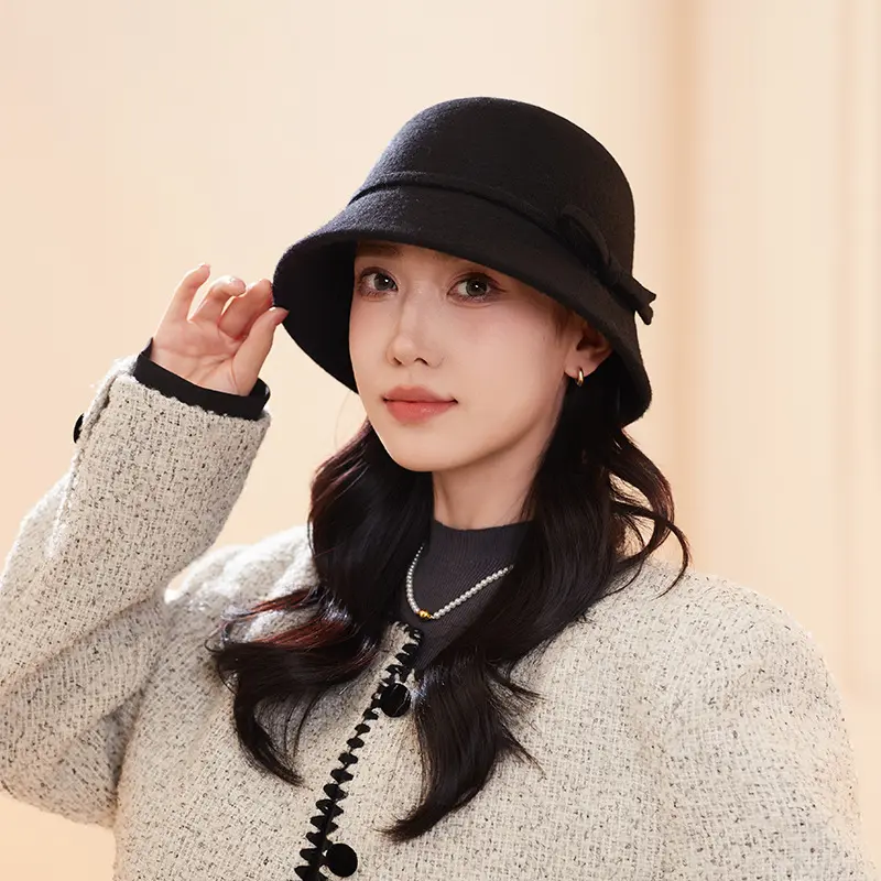 New Premium Hat Korean Version Autumn And Winter Bow Bucket Hat Women's 100% Wool Basin Hat British Warm Fisherman Hat