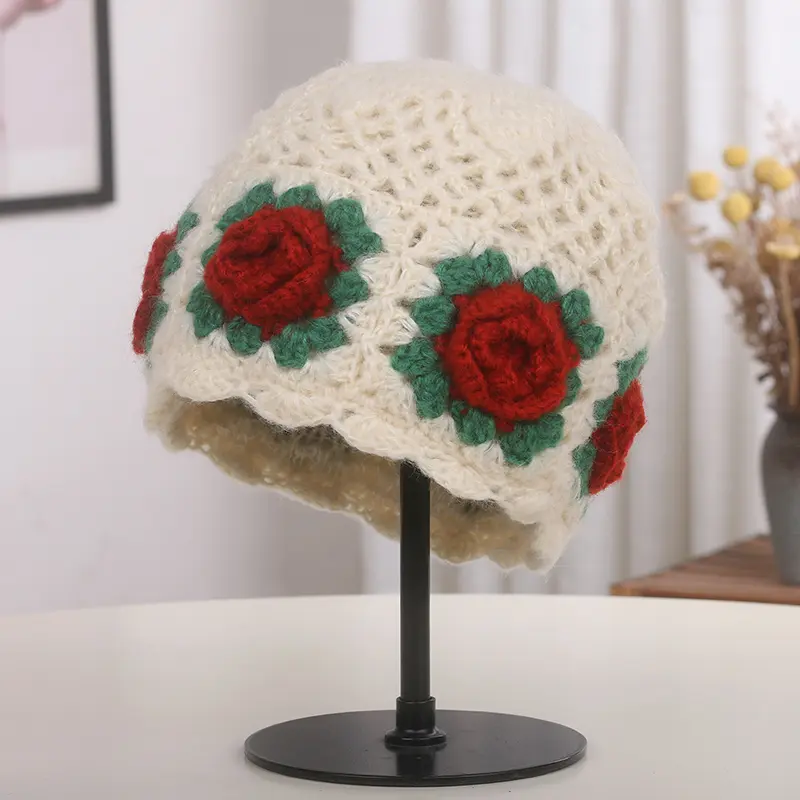 Autumn And Winter New Hand Hook Three-Dimensional Flower Yarn Hat Women's Basin Hat Knitted Hat Temperament Sweet Fisherman Hat