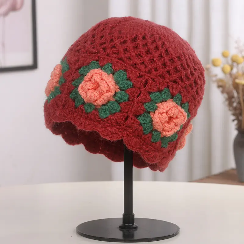 Autumn And Winter New Hand Hook Three-Dimensional Flower Yarn Hat Women's Basin Hat Knitted Hat Temperament Sweet Fisherman Hat