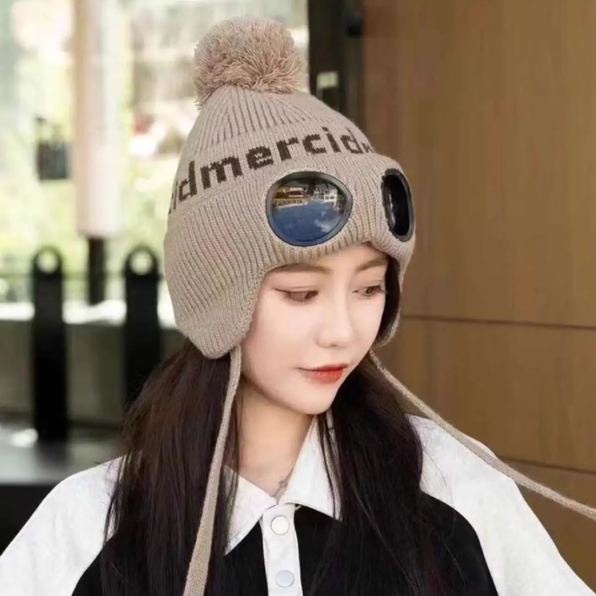 Winter Pullover Hat For Women With Glasses, Wool Ball Knitted Yarn Hat, Outdoor Cold Proof And Warm Ear Protection, Lei Feng Hat
