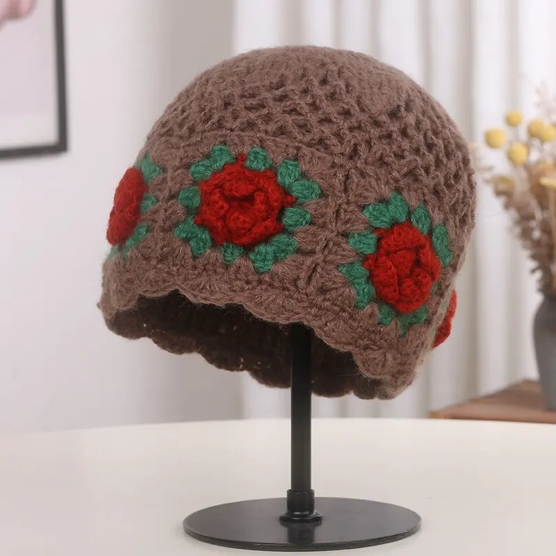 Autumn And Winter New Hand Hook Three-Dimensional Flower Yarn Hat Women's Basin Hat Knitted Hat Temperament Sweet Fisherman Hat