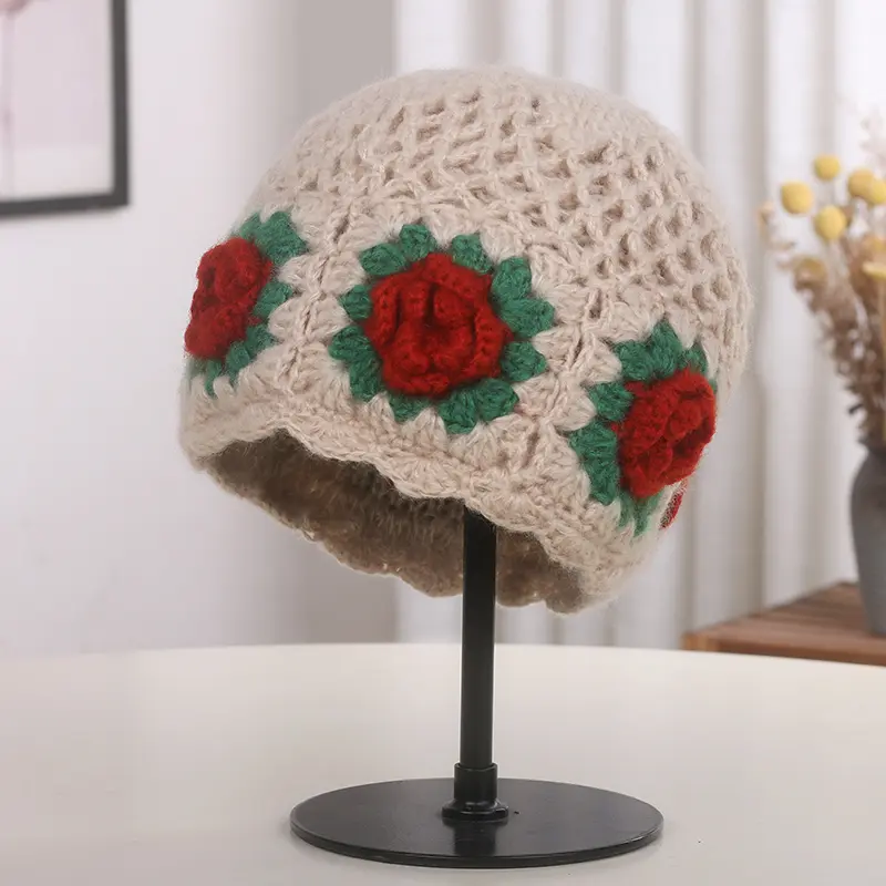 Autumn And Winter New Hand Hook Three-Dimensional Flower Yarn Hat Women's Basin Hat Knitted Hat Temperament Sweet Fisherman Hat