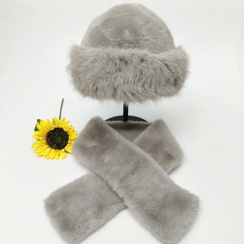 New Fur Scarf And Hat Set, Cross Neck, Women's Winter Warm And Versatile Mongolian Hat, Plush Basin Hat