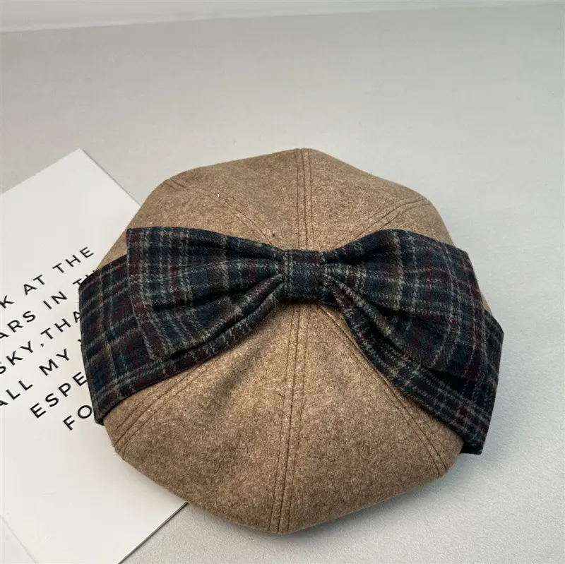 Winter New Woolen Plaid Big Bow Warm Beret Children's Korean Version Fashionable Face Enhancing Small Painter Hat