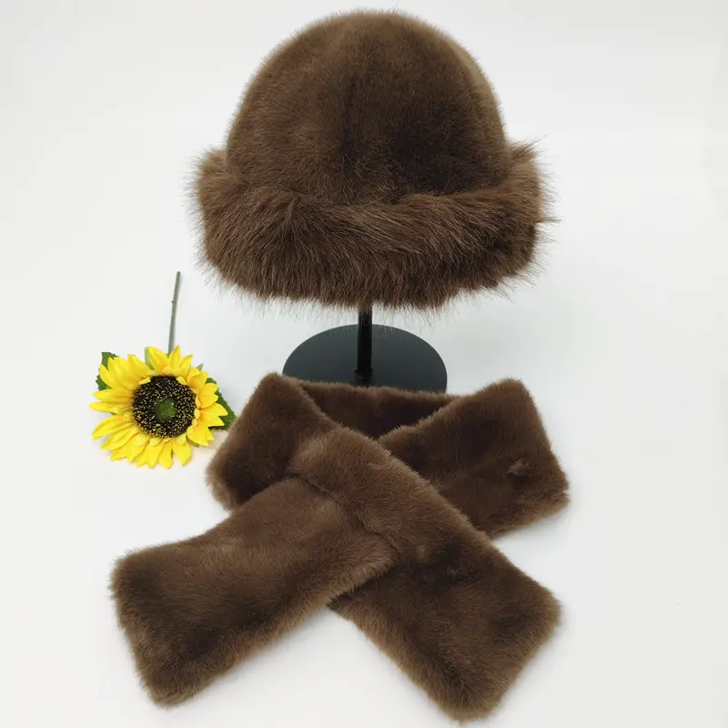 New Fur Scarf And Hat Set, Cross Neck, Women's Winter Warm And Versatile Mongolian Hat, Plush Basin Hat