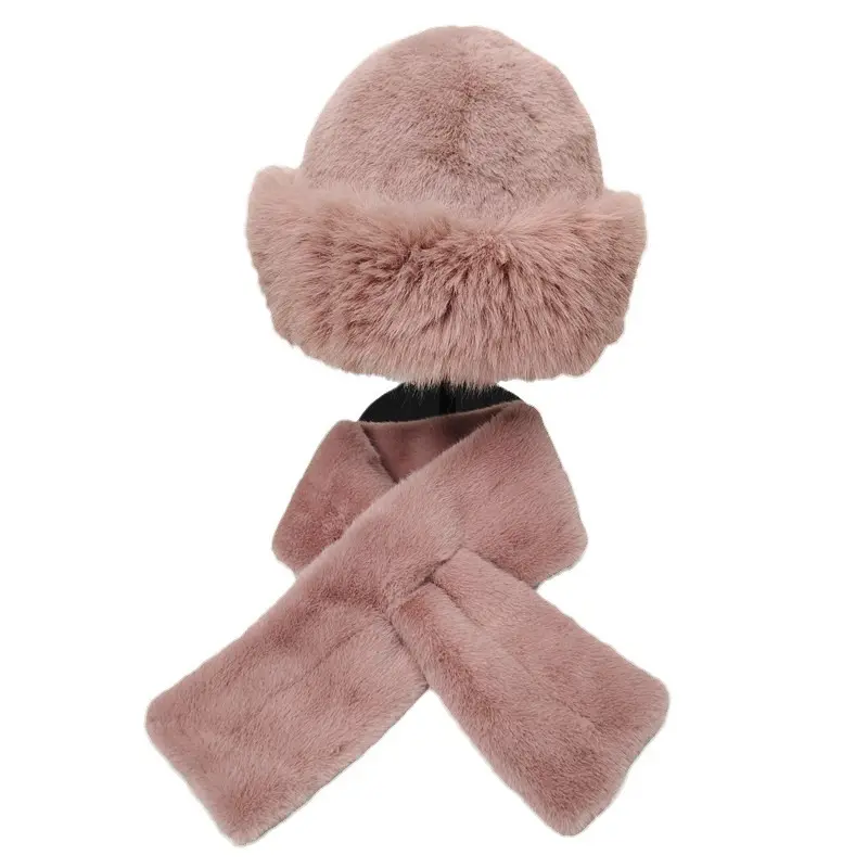 New Fur Scarf And Hat Set, Cross Neck, Women's Winter Warm And Versatile Mongolian Hat, Plush Basin Hat