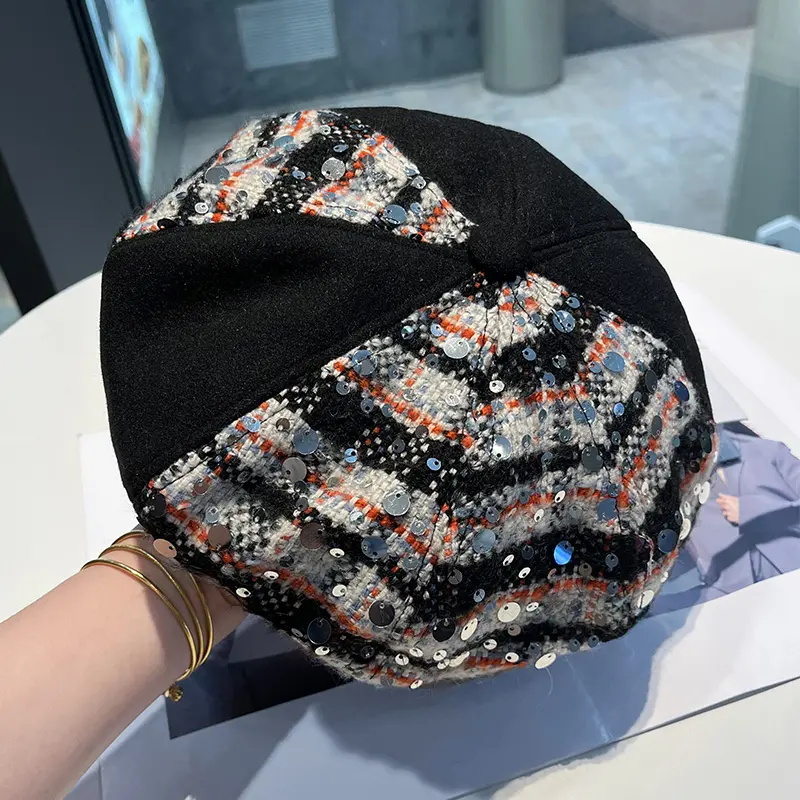 Korean Fashion Sequin Plaid Beret Women's Versatile Autumn And Winter Painter Hat Retro Temperament Octagonal Bud Hat