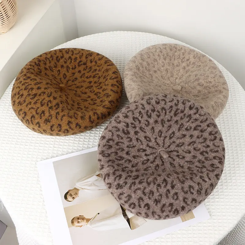 Autumn And Winter New Leopard Print Wool Beret Artist Hat Women's Fashionable Three-Dimensional Wool Bud Hat