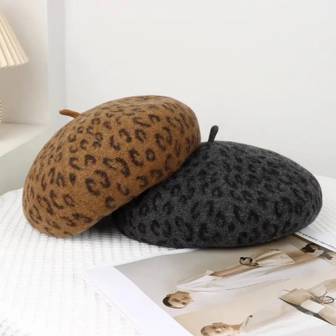 Autumn And Winter New Leopard Print Wool Beret Artist Hat Women's Fashionable Three-Dimensional Wool Bud Hat