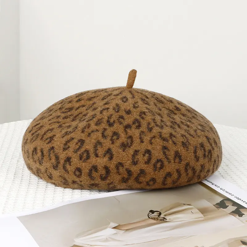 Autumn And Winter New Leopard Print Wool Beret Artist Hat Women's Fashionable Three-Dimensional Wool Bud Hat