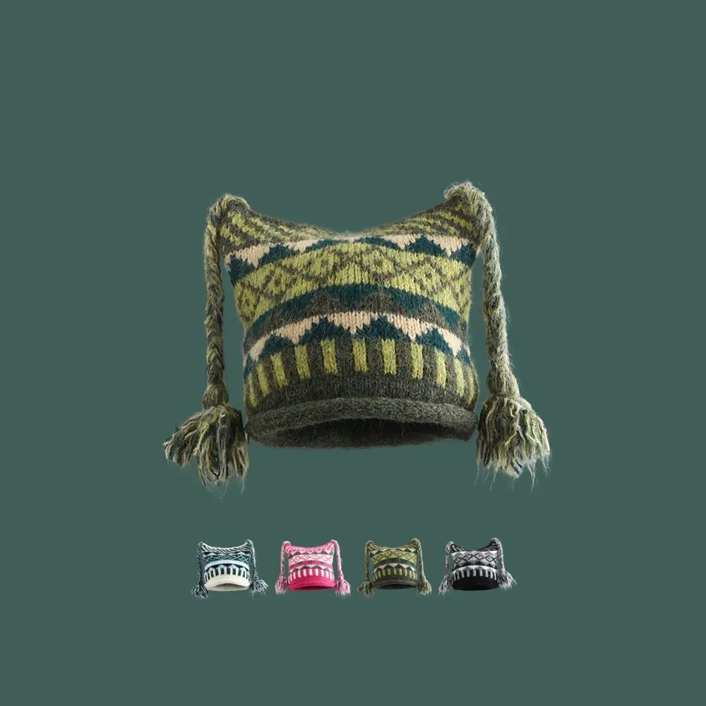 Ethnic Style Jacquard Curled Wool Hat Cute Fried Dough Twists Braid Knitted Ear Protection Hat Warm Winter Hood