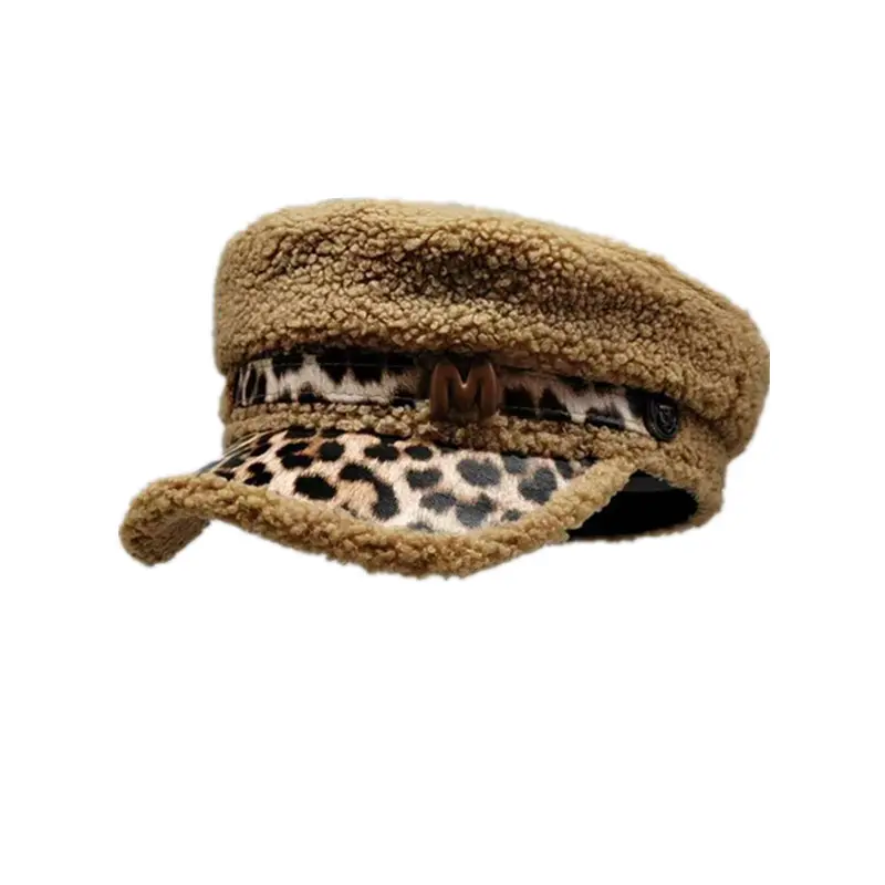 Korean Version New Leopard Print Lamb Wool Hat For Women in Autumn And Winter, Thick And Warm Flat Top Octagonal Hat