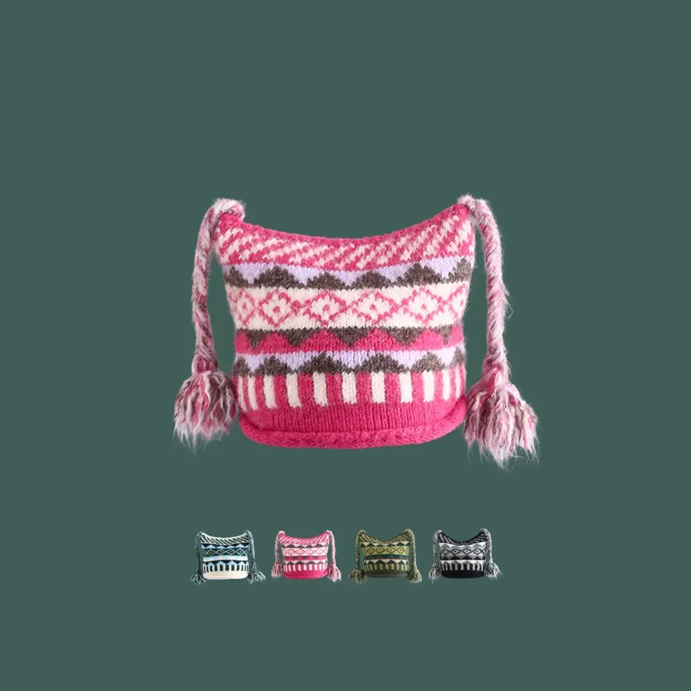 Ethnic Style Jacquard Curled Wool Hat Cute Fried Dough Twists Braid Knitted Ear Protection Hat Warm Winter Hood