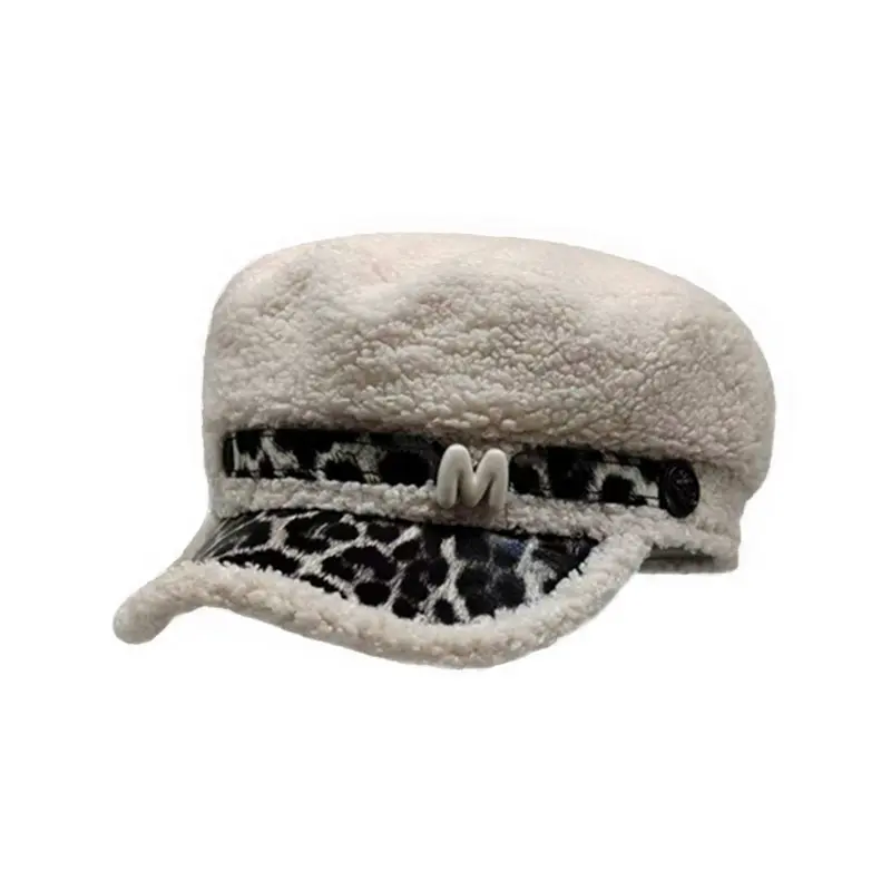 Korean Version New Leopard Print Lamb Wool Hat For Women in Autumn And Winter, Thick And Warm Flat Top Octagonal Hat
