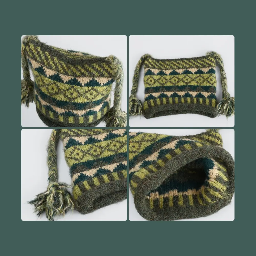 Ethnic Style Jacquard Curled Wool Hat Cute Fried Dough Twists Braid Knitted Ear Protection Hat Warm Winter Hood