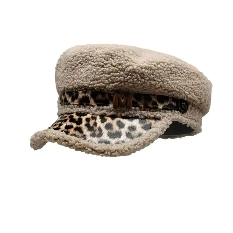 Korean Version New Leopard Print Lamb Wool Hat For Women in Autumn And Winter, Thick And Warm Flat Top Octagonal Hat