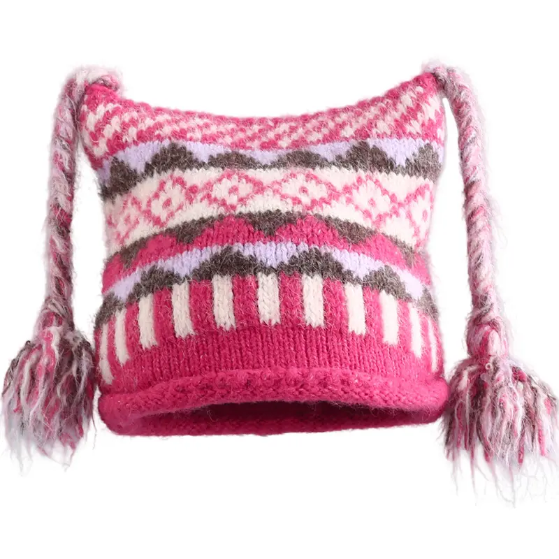 Ethnic Style Jacquard Curled Wool Hat Cute Fried Dough Twists Braid Knitted Ear Protection Hat Warm Winter Hood