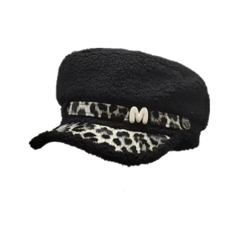 Korean Version New Leopard Print Lamb Wool Hat For Women in Autumn And Winter, Thick And Warm Flat Top Octagonal Hat
