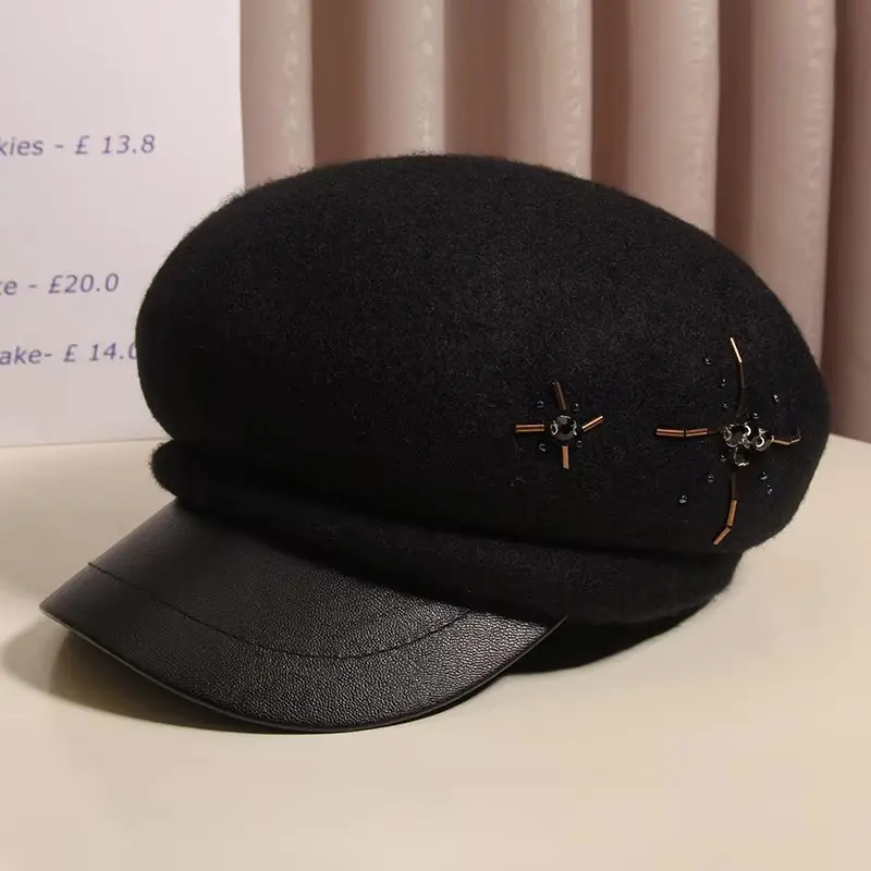 Wool Octagonal Hat Women's Autumn And Winter British Retro Versatile Beret Fashionable Woolen Duck Tongue Newsboy Hat