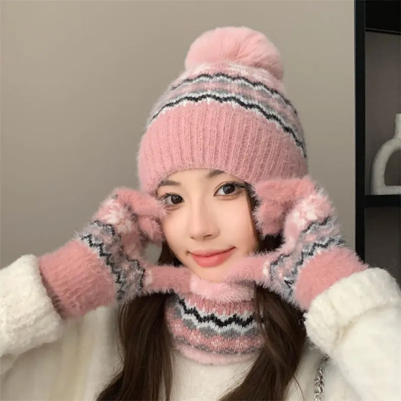 Autumn And Winter New Warm Woolen Ball Pullover Hat Korean Version Versatile Knitted Hat ear Protection Woolen Hat Gloves