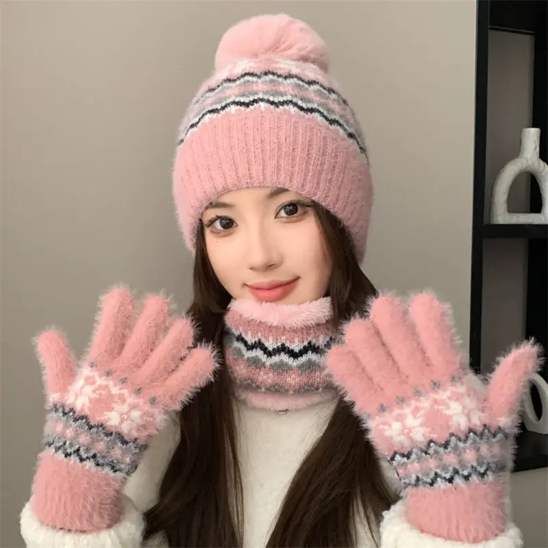 Autumn And Winter New Warm Woolen Ball Pullover Hat Korean Version Versatile Knitted Hat ear Protection Woolen Hat Gloves